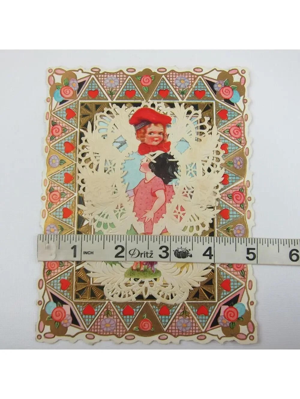 Antique Valentine Girl Pink Dress Cupid Purple Flowers Boy Hammock UNSIGNED